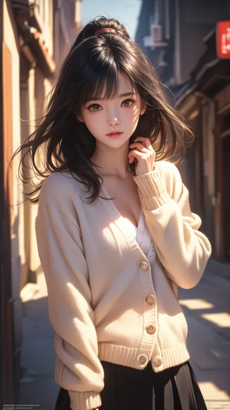 masterpiece,  is of the best quality,  Ultra High Resolution  (Reality: 1.4),  original photo, 35mm lens, Aperture F1.4,  Movie Posters , Light and Shadow,  a girl , Wearing a white cardigan, Long black hair, Genuine Leather, ( Skin details : 1.3),