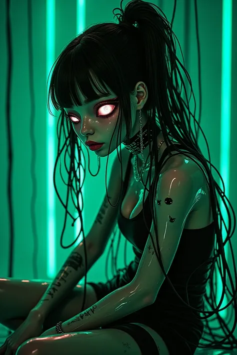 hologram of a black and green haired girl sit down in cyberpunk or neon style, entangled in cables with a face, she has cables everywere and she cut with a scissor one cubles, her tounge is out 