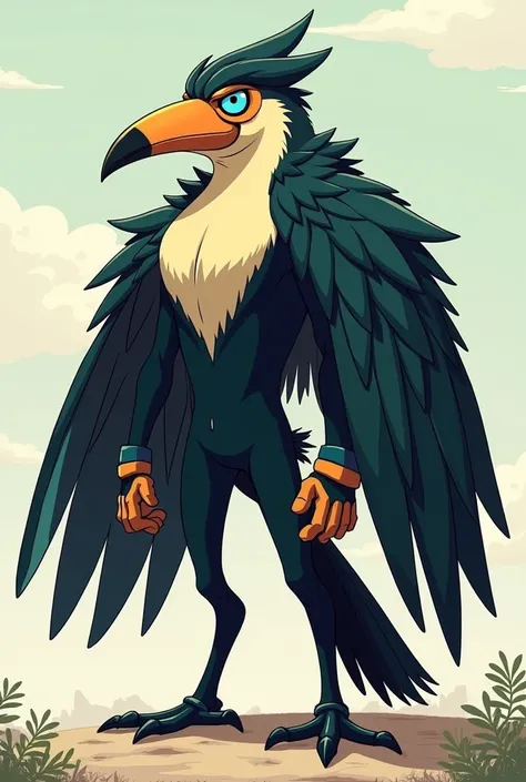 Humanoid toucan , irritated, Tall and strong, well-defined chest and arms, Thinner waist, muscular body, blue eyes, big,  large feathers, Black Feathers , seen from afar,  full-body vision ,  90s anime style ,  undersaturated colors , many hatches,  clean ...