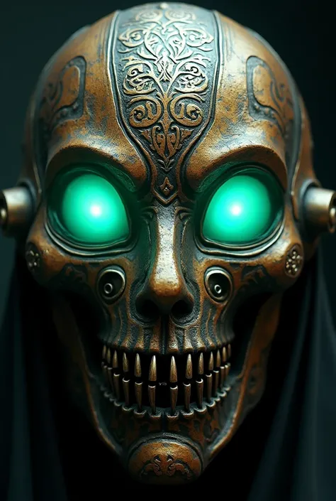  A metallic mask that exudes a Gothic and dystopian air .  The structure ,  with intricate arabesque details carved on the surface , as if they were ancient engravings .  There are deep slits in place of the eyes , projecting a cool neon green light that s...