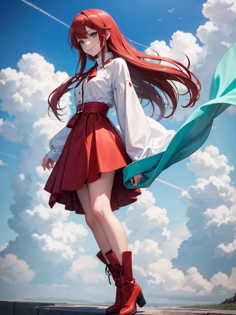 a woman,  Long hair a color red and bright turquoise tips . Her eyes are sky blue. subtle smile,  Anime girl with red hair and white dress and boots,  full body illustration of anime ,   full body model vtuber anime  ,  anime image of a cute girl , Made wi...