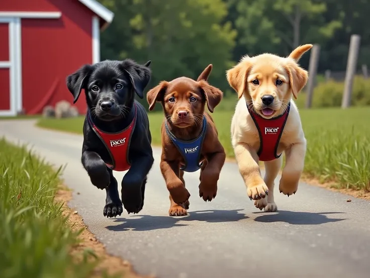 1 black lab pup, 1 chocolate lab pup, and 1 golden retriever pup running on a curved paved trail that leads away from a  red barn to the right of the picture.  The barn is on the left in the background of the picture and the pups are running to the right o...