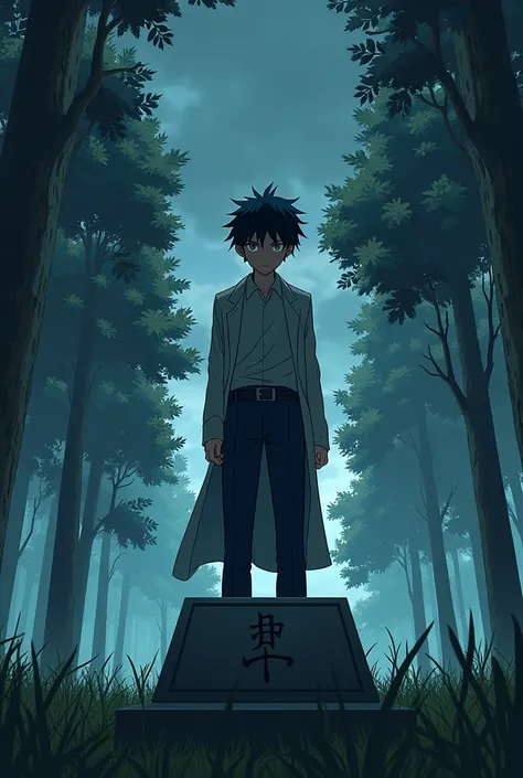 Yuta at Satorus grave saying goodbye to his teacher but uses the anime style of Jujutsu Kaiswn