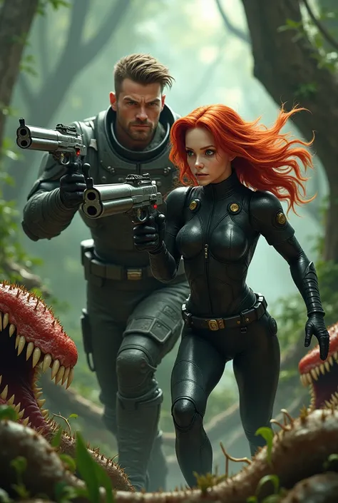 A man with white skin and brown hair ,  with light green eyes and with a defined and attractive body , quite tall while wearing a combat suit and holding a silver gun in his hand while running through the woods with a white-skinned woman with red hair ,  w...