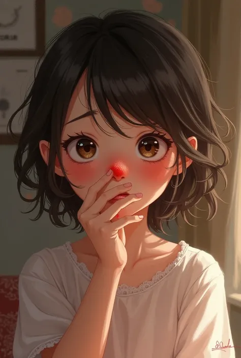 Make a picture of a cute and cute girl having nosebleeds 