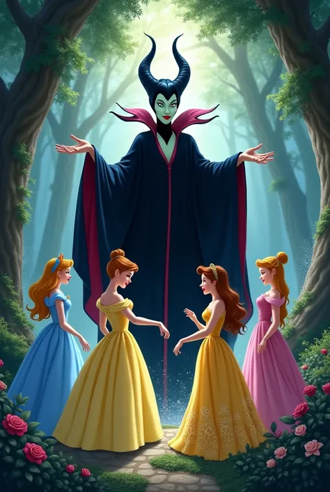 Classic Cinderella in blue dress ,  Snow White , Wanted,  Bela and Aurora fighting Maleficent 