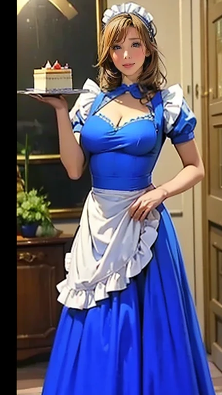 Animation of a woman in a blue dress holding a tray of cakes, (   waitress   )  girl, Favorite character , change in dress, change, Gyro Zeppeli, anime  girl in a maid costume,   Alice in Wonderland  , Maid uniform,  Long dress with apron , From desire,   ...