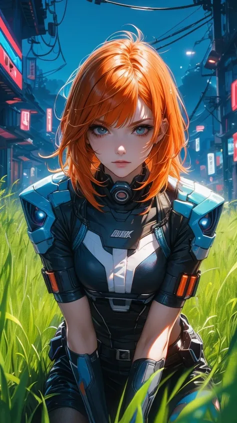  orange hair, Wearing blue cyberpunk clothing, On the colorful grass, At night