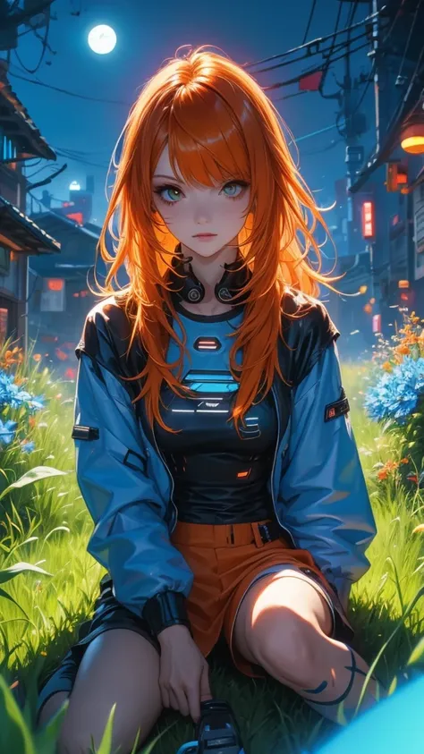  orange hair, Wearing blue cyberpunk clothing, On the colorful grass, At night