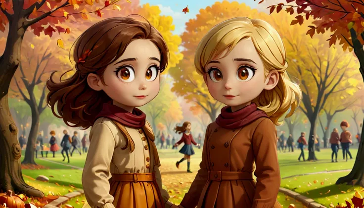           masterpiece ,          The best quality        ,      High resolution 8k image showing two girls dressed for the fall season playing in the park,