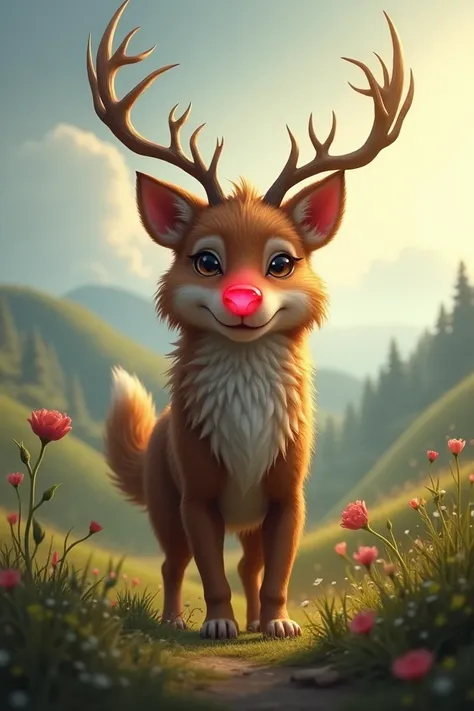 Dog with deer antlers and red nose
