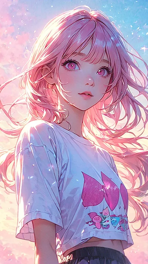 A cute ,  Pink Lips,  wears a bright white shirt , Styled in soft aurora punk colors, Anime illustration of her face, Gif,  Hand-drawn animation , Charming Sketch,  soft and bright , Hazy romanticism, Superplane style ,  white-air background 1 : 1--niji 5-...