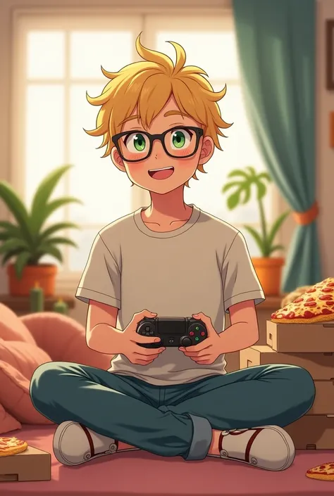 sfw, human male anime protagonist, introvert, laid back personality, funny, friendly, gamer, likes pizza, blonde hair, green eyes, glasses