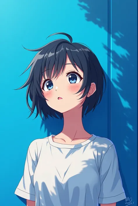 Make a teenager with short hair in front of a blue wall looking up but only from the chest up in anime style 