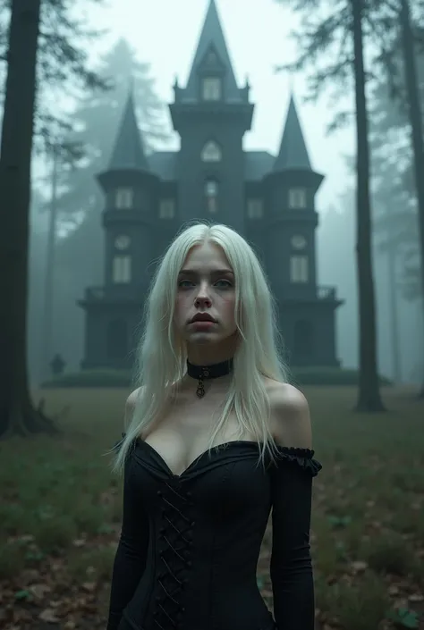 Girl in front of a black mansion surrounded by lots of trees, forest surrounded by mist, with very light blond hair, almost white,  snub nose and very pale blue eyes , black corset ,  Gothic style , Gothic atmosphere , sombre 