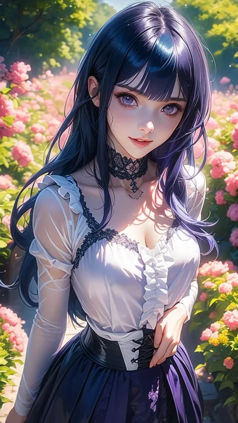 ( ridiculous results ,  high resolution, Super Fine), masterpiece, Hinata(Boruto Next Generations), (( alone)), 1 Girl, medium breasts,  long purple victorian dress, Shut up, (((Long hair))),Standing,  pattern on top and skirt , Ruffle skirt, Lace,  blink ...