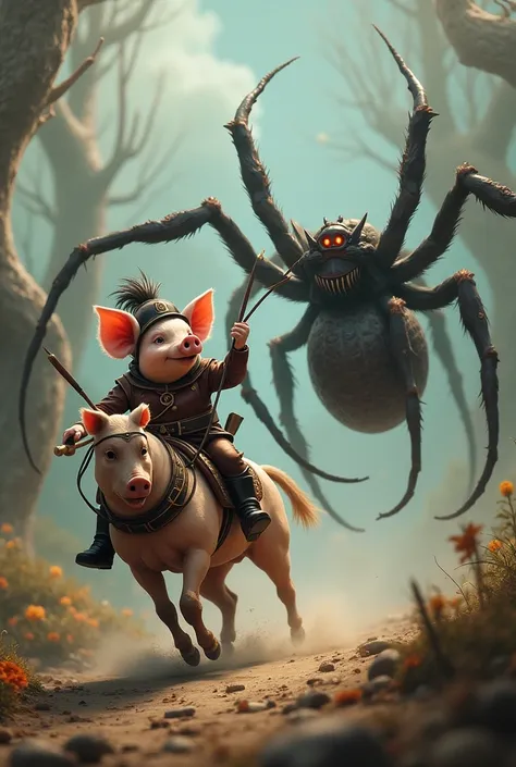 Pig in horse costume fighting against a spider