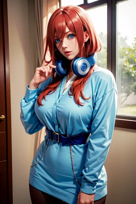 masterpiece, best quality, highres, nm1, headphones around neck, Long Straight Hair, Red Hair, Big Breasts, Blue Eyes, long sleeves, sexy cardigan, Slit Dress, pantyhose, cowboy shot, field, wariza