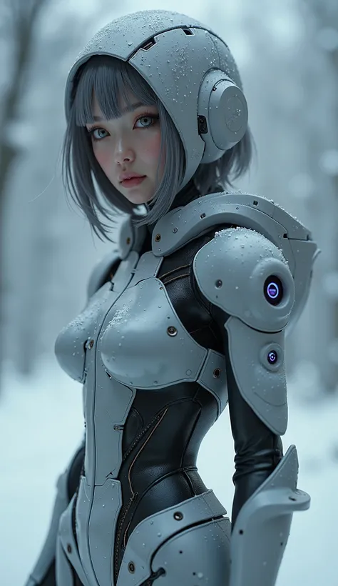 masterpiece, (Photorealsitic:1.4), Raw photo, Cyborg, winterwear　body, ash hair, glowy skin, 1 Cyborg Girl, ((super realistic details)), global　illumination, Shadow, octan render, 8k, ultrasharp, character edge light, tits, Details of complex ornaments, Cy...