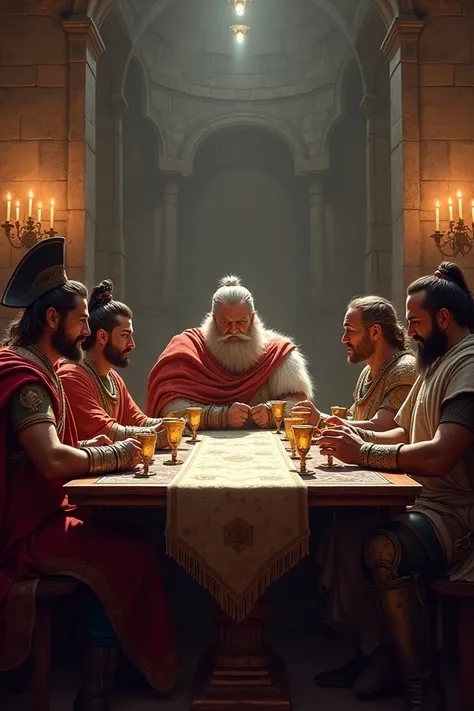 Napoleon, Julius Caesar, Alexander the Great and Gengis Khan seated at a table