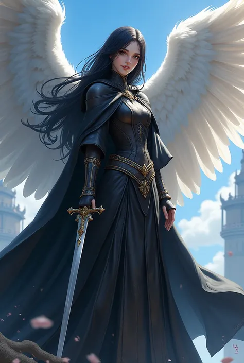 Medieval fantasy cartoon style RPG:  Melina is an angel measuring one and seventy meters tall ,  with a color-
Slender hair and long black hair . Your delicate features-
Do they support penetrating blue eyes that are strong 
contrast against your white ...