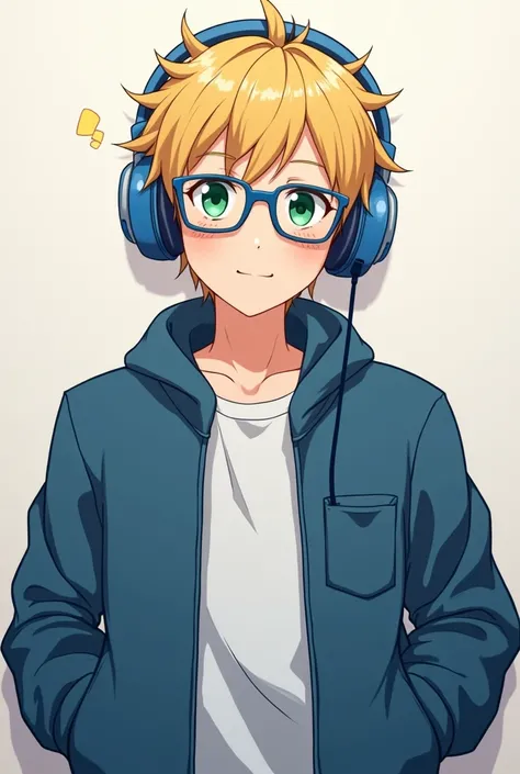 sfw, human adult male anime protagonist, introvert, laid back personality, funny, friendly, gamer, likes pizza, blonde hair, green eyes, glasses, blue headphones, blue jacket