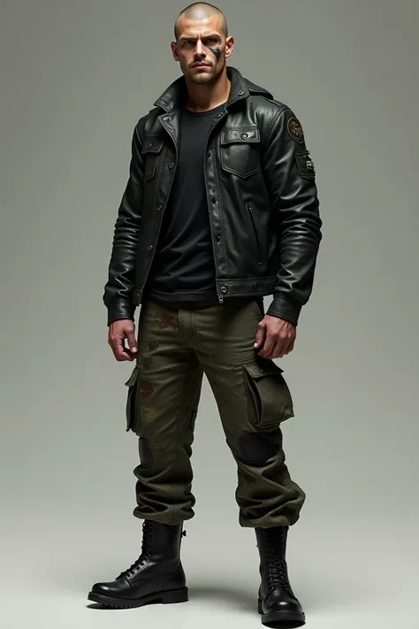 A young man, with shaved hair,  Black Military Boots ,  dark green military pants with brown camouflaged features, an eye slap and a black leather jacket  