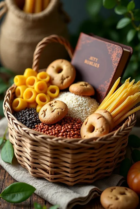 basket with a bible , lentils, rice, cookies,  pasta on a natural background