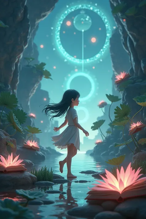 Create an animated scenario, Of a young Dark Lotus girl who travels between worlds reading books