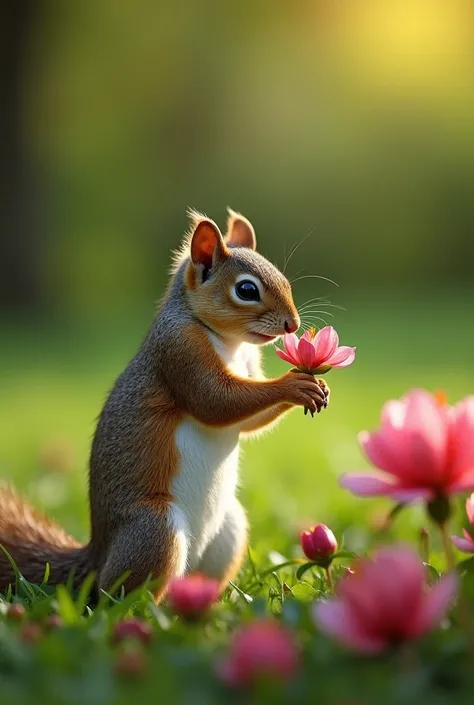 Medium macro close-up, ground-level capture photography of a curious squirrel standing upright on his hind legs ,his head upward sniffing a small cluster of an azalea flowers, on lush green grass. The setting is a vibrant city park with a rich, green, leaf...