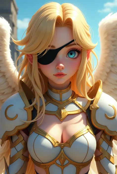  sees from head to toe ,  an 18-year-old human with long wavy golden hair , Angelic features ,  medium-sized breasts ,  with a light white and gold armor and a black eye patch that completely covers them,  fantasy cartoon style , 