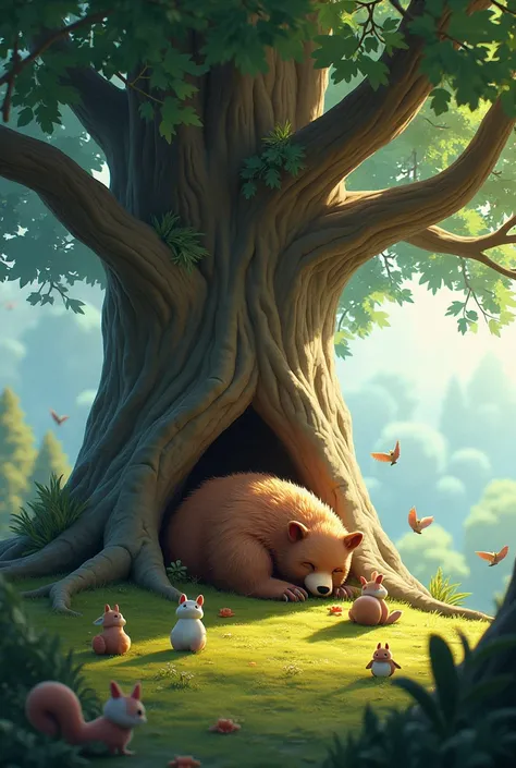 Need 3D animation style"The Big Oak Tree**: Describe the big oak tree where Bear loved to nap. What other animals live nearby, and how do they interact with bear?