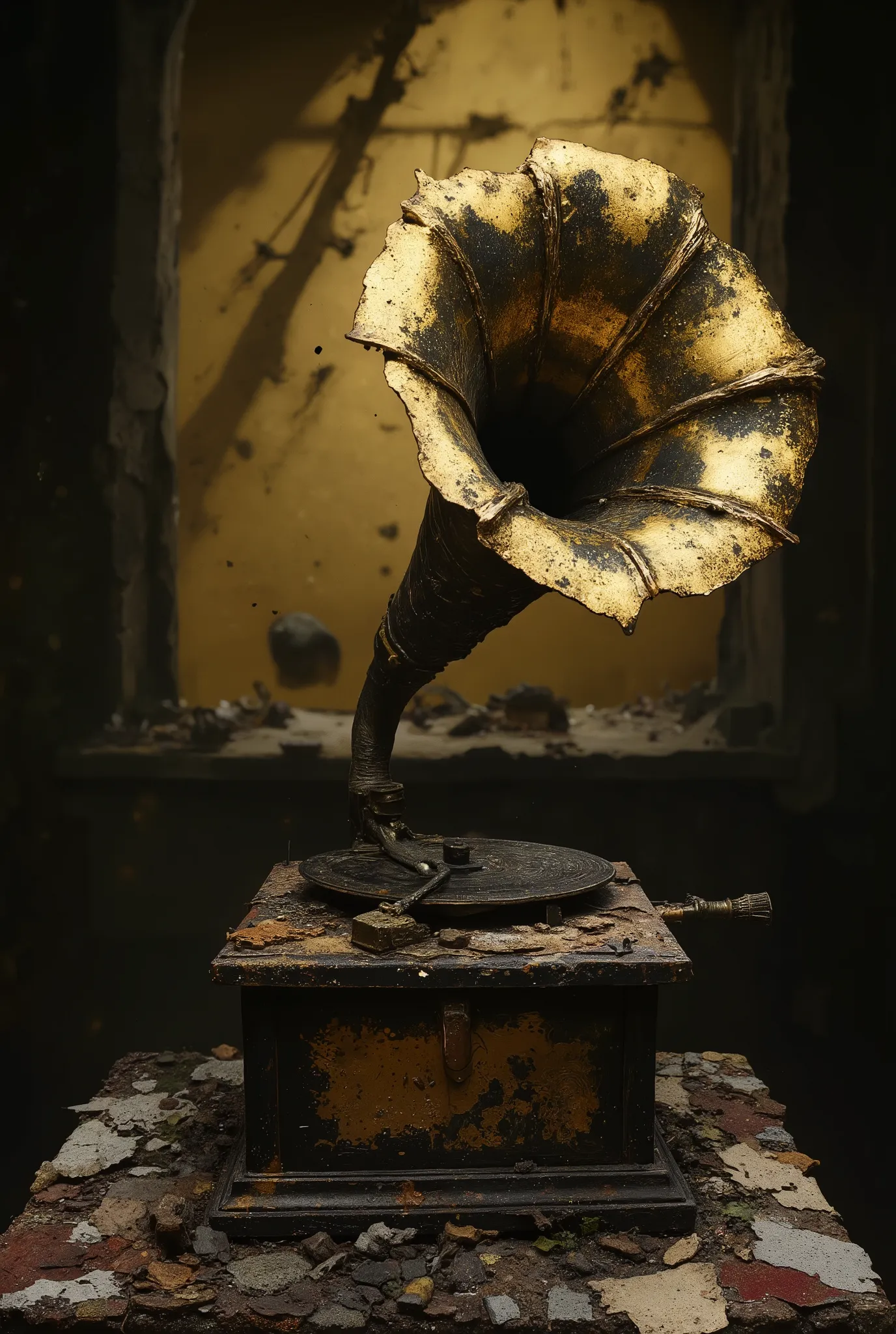 a broken and battered old gramophone beautifully displayed in a dark house\(old, no one lives anymore\). light shines through th...