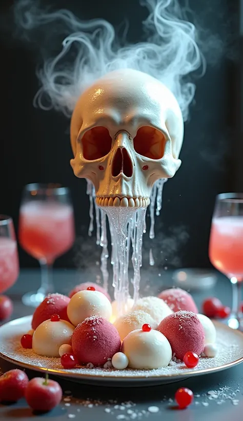 Is it possible to create a flowing ， smoky waterfalls and delicious ice cream effects in the shape of a skull，Packed in an upscale dinner plate ， surrounded by drinks and desserts ，Very realistic and detailed， Best Quality 