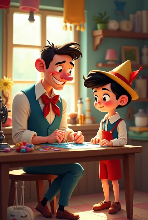  Create with an animated design of a laughing tailor, and Confused Pinocchio  