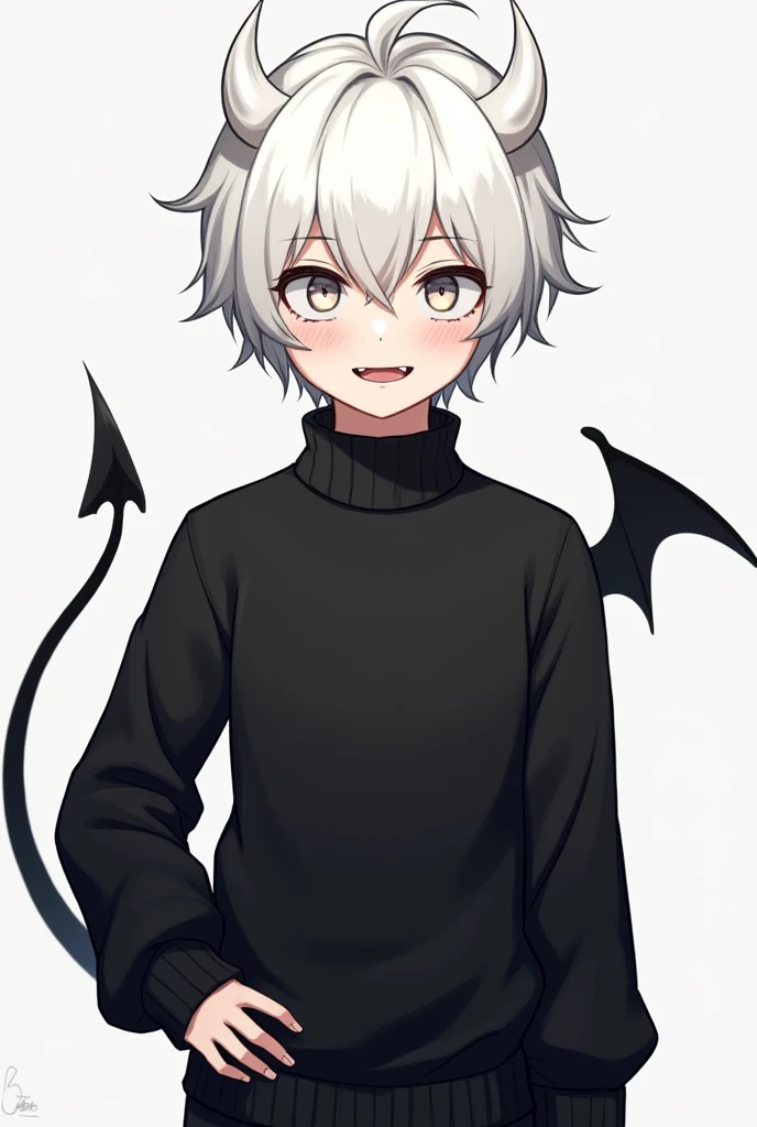  An innocent young man of  demon of 1m74 with a slightly athletic body that remains elegant, with two little white demon horns on his head barely sticking out of his hair , A small demon tail, thin and in the shape of a heart, upside down at the end , des ...