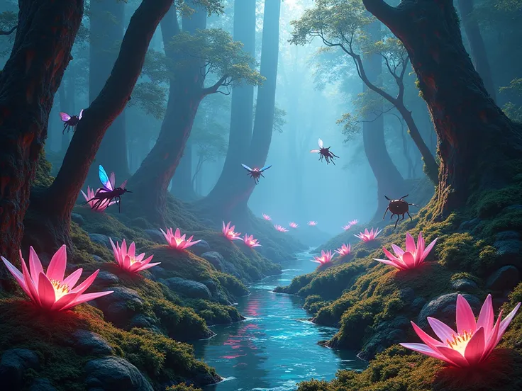 Forest without a river from another world of aliens with strange flowers and insects and fluorescent colors