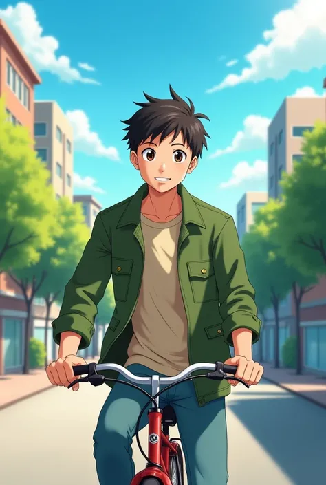 An anime-style full shot of a man in his early 20s.  The background is a bright morning with everyday streets. The man is wearing a green jacket and a beige shirt. This man is looking at me riding a bicycle and smlie.