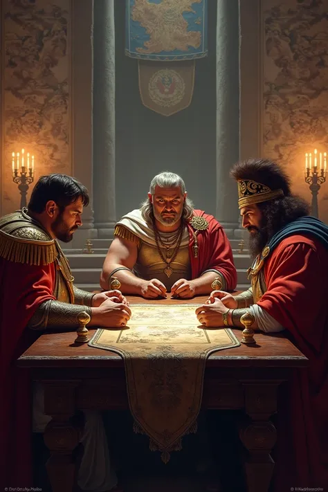 Napoleon, Julius Caesar, Alexander the Great and Gengis Khan seated at a table