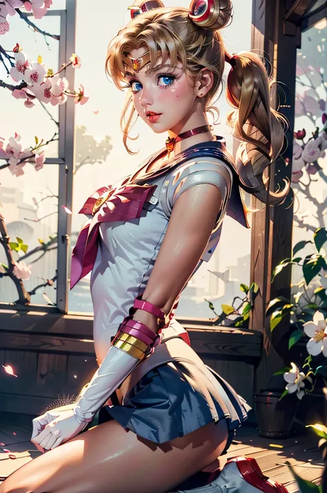 Taylor Swift as sailor moon, usagi,bicycle, bicycle basket, riding, solo, basket, 1girl, flower, shoes, water, riding bicycle, petals, outdoors, from side,  cherry blossoms, chinese clothes, dress, white background, long sleeves, full body, riding a bicycl...