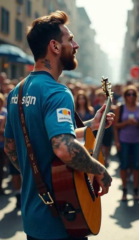  Messi the world famous football player , Tattooed hands , wearing a blue t-shirt with the inscription MBDESIGN  ,  plays guitar on the street seen by many, dramatic, realistic