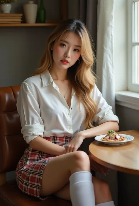  sexy and beautiful oriental woman ,  teardrop face ,   tall cheekbones ,  oriental green eyes ,  long dark blonde hair ,  medium breasts , white shirt, tight plaid skirt ,  Knee-high socks  、 sitting at the table with her legs raised and spread showing lo...