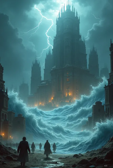 
" An ancient city thriving ,  with towers and advanced architecture ,  being consumed by an immense wave of water , symbolizing the flood .  People try to escape while imposing structures collapse,  with lightning and storms in the sky ."