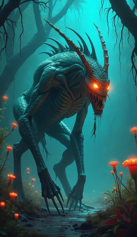 "An intensely muscular and horrifying hybrid that combines the swift elegance of a gazelle with the deep-sea terror of an anglerfish. Its body is sleek yet powerful, with sharp, thorn-like protrusions along its legs and spine. The head is grotesque, with a...