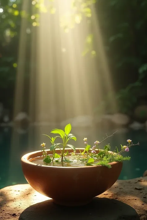 A beam of light falls on a clay basin containing herbs and water