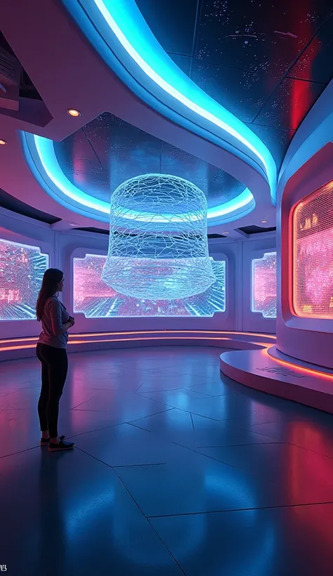 A hyper-realistic ultrarealistic high quality highly detailed picture of an immersive scene at omni theater in fort worth museum a 4d immersive futuristic scene neon bright colors art cgi realism rendering precision 