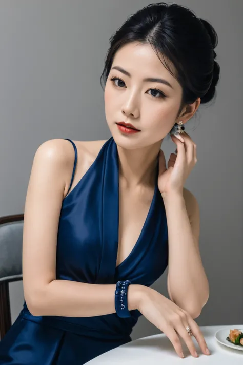 A glamorous Japanese model with her hair in a sophisticated updo, dressed for a romantic dinner date indoors. She’s wearing a deep blue silk wrap dress that accentuates her ample cleavage, with subtle makeup and sparkling earrings, sitting at an elegant di...