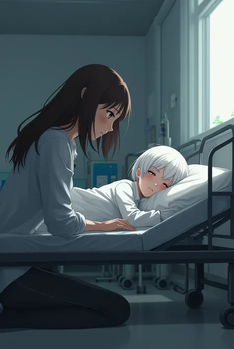 Brunette adult kneeling next to a hospital stretcher with an adult white-haired girl lying on the hospital stretcher and sleeping