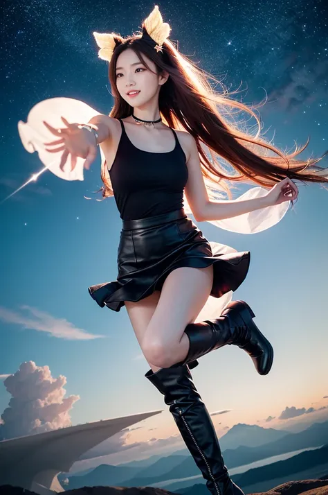 ① "A magical girl transformation of Zhu Bajie, radiating charm and energy as she gracefully dances amidst a celestial sky. Her striking red hair flows in soft waves, glowing with a vibrant sheen, perfectly framing her delicate pig ears adorned with elegant...