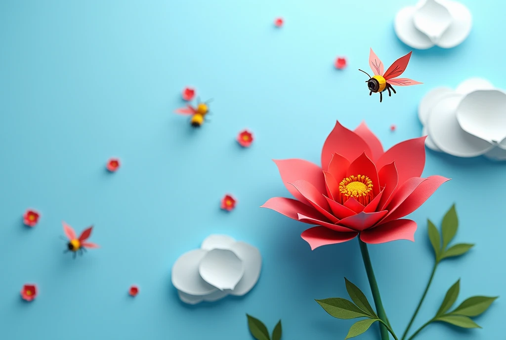 a red paper flower , blue background,  origami bees flown around,  The best quality ,  masterpiece, paper clouds , colorful, extremely detailed, 4k